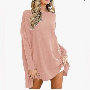 Batwing Long Sleeve Tunic Shirts Loose Boat Neck Oversized (XXL, Pink)